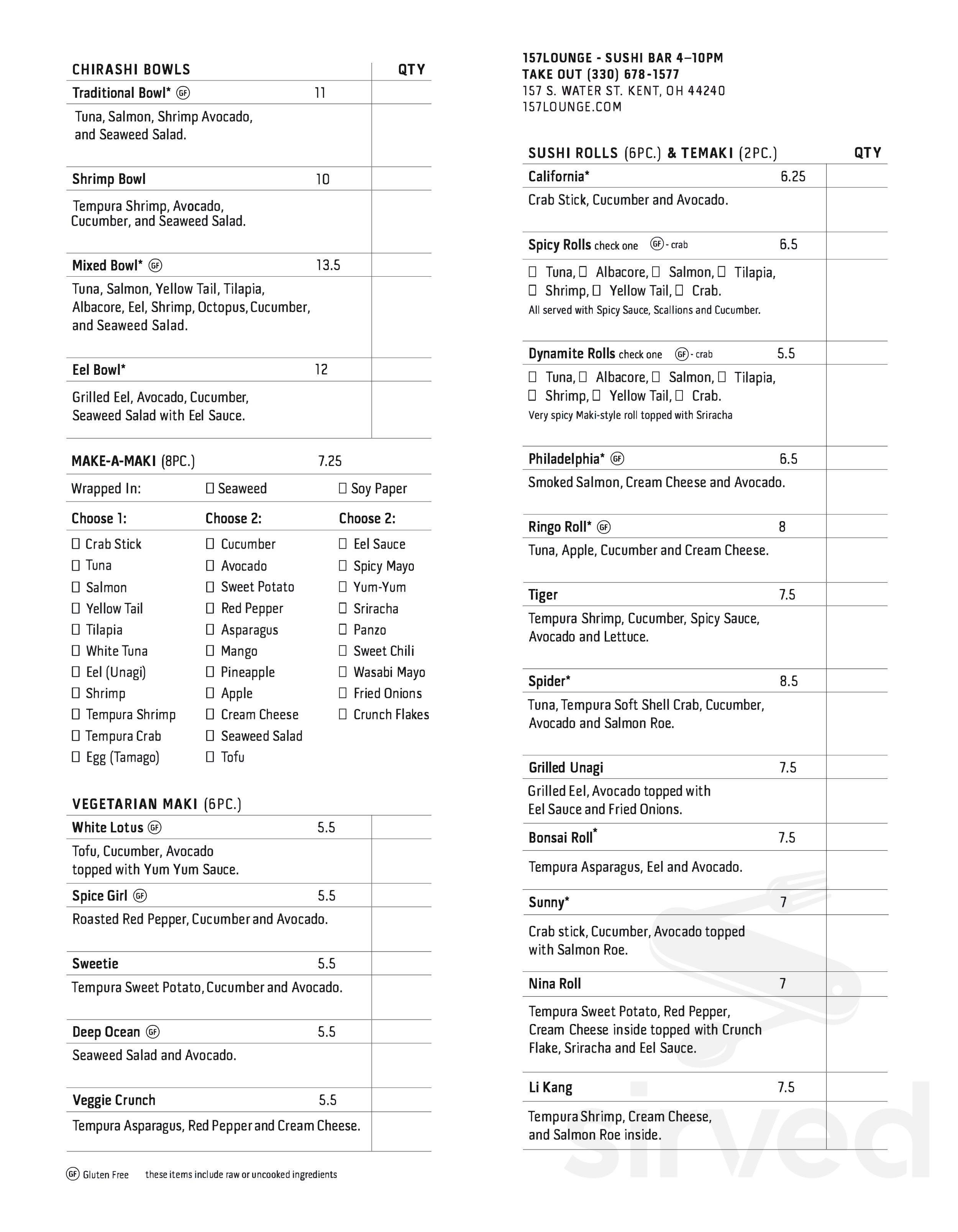 Menu - Kent OH's 157 Lounge | Sirved