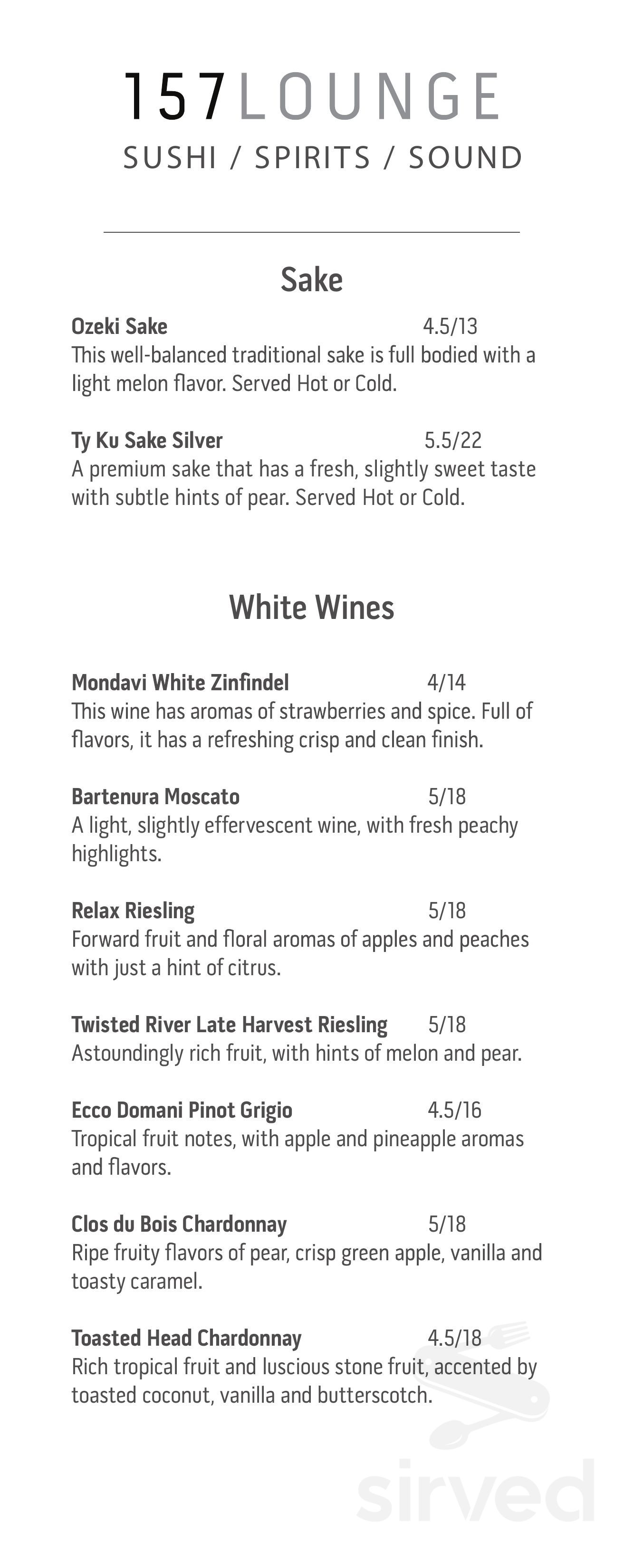 Menu - Kent OH's 157 Lounge | Sirved