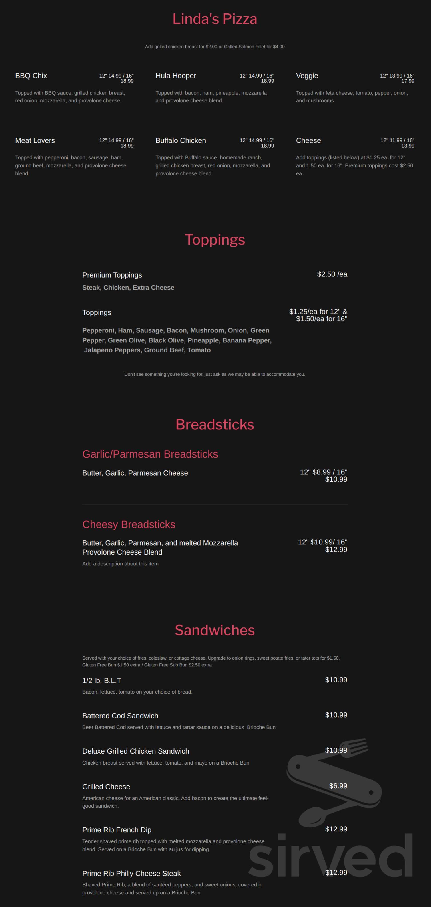 Linda's Corner Landing menu in Ionia, Michigan, USA