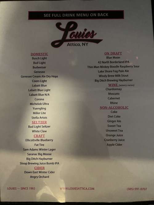 Louie's menu in Attica, New York, USA