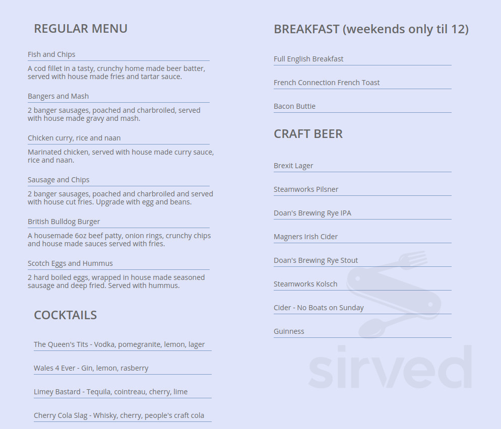 Brexit Pub menu in Penticton, British Columbia