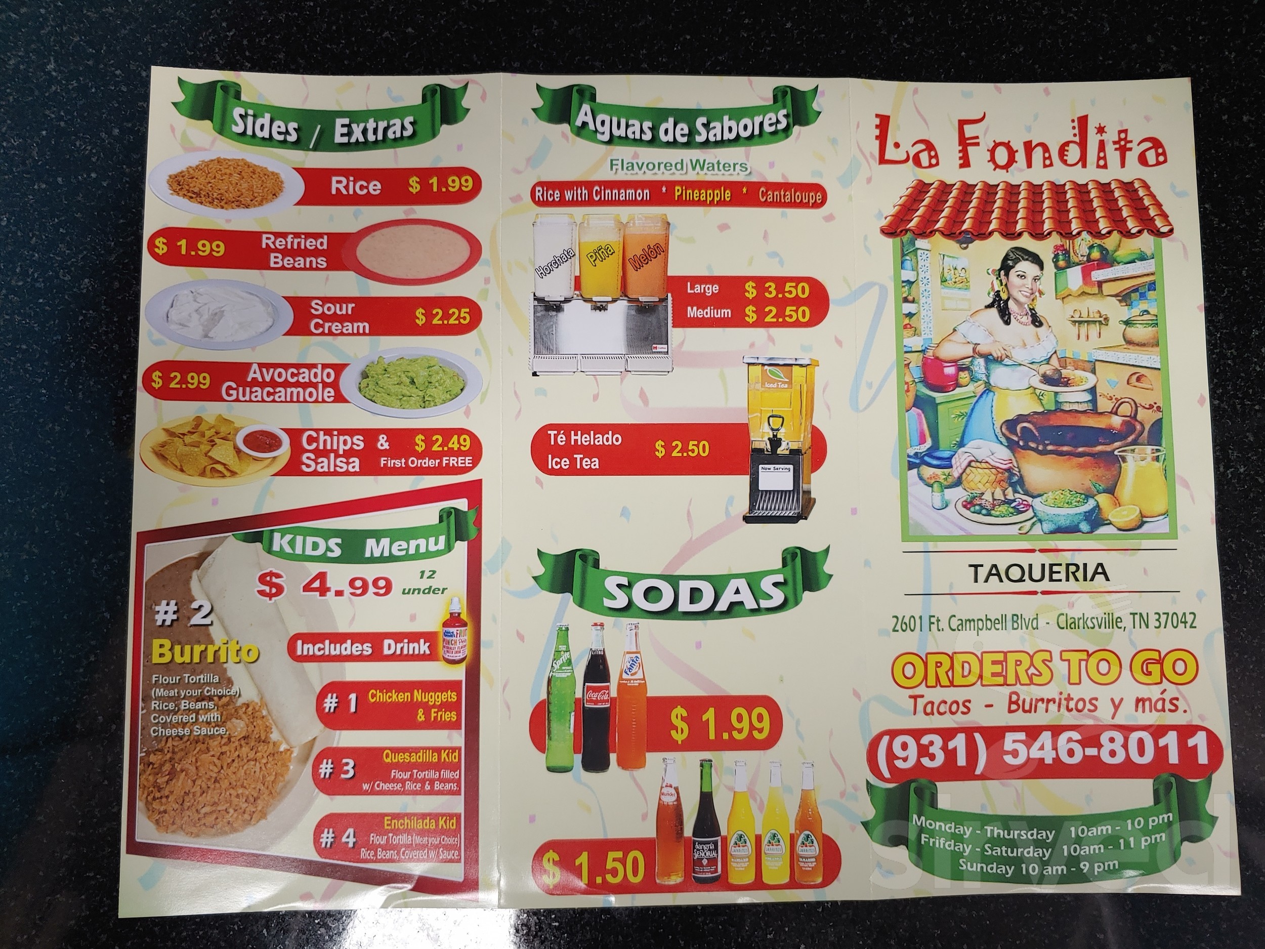 La Fondita menu in Clarksville, Tennessee, USA
