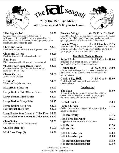 The Fat Seagull menu in Manitowoc, Wisconsin, USA