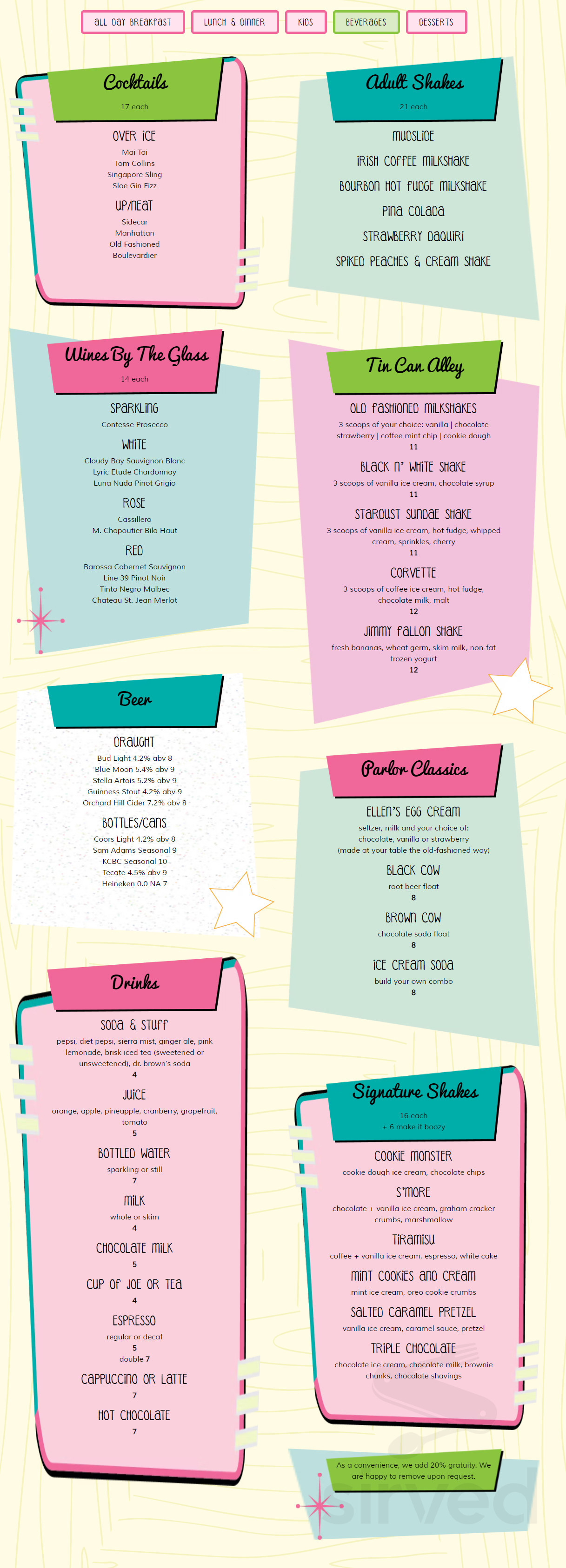 Ellen's Stardust Diner menus in New York, New York, United States