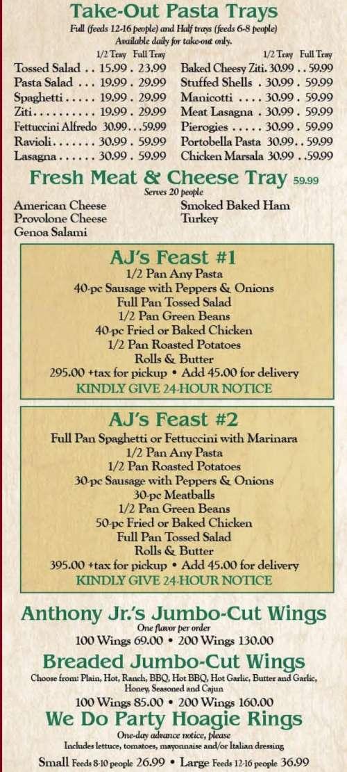 Anthony Jr's Restaurant & Pizzeria menu in Coraopolis, Pennsylvania, USA