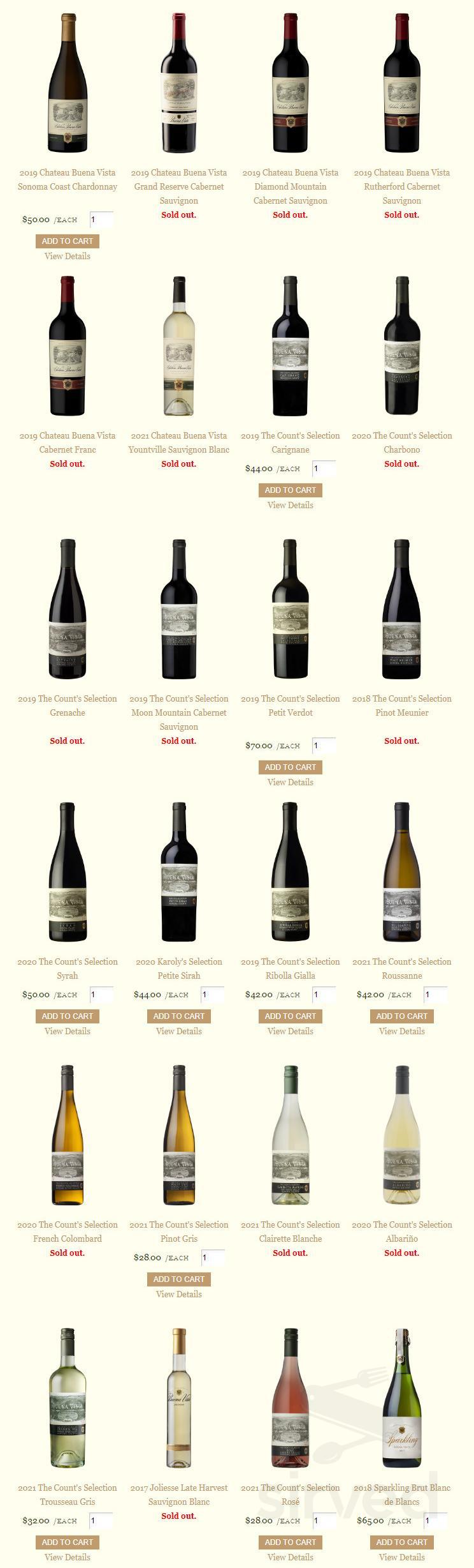 Buena Vista Winery menu in Sonoma, California, USA