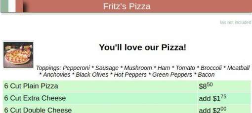 Menu for Fritz's Pizza & Subs in Broadalbin, NY | Sirved