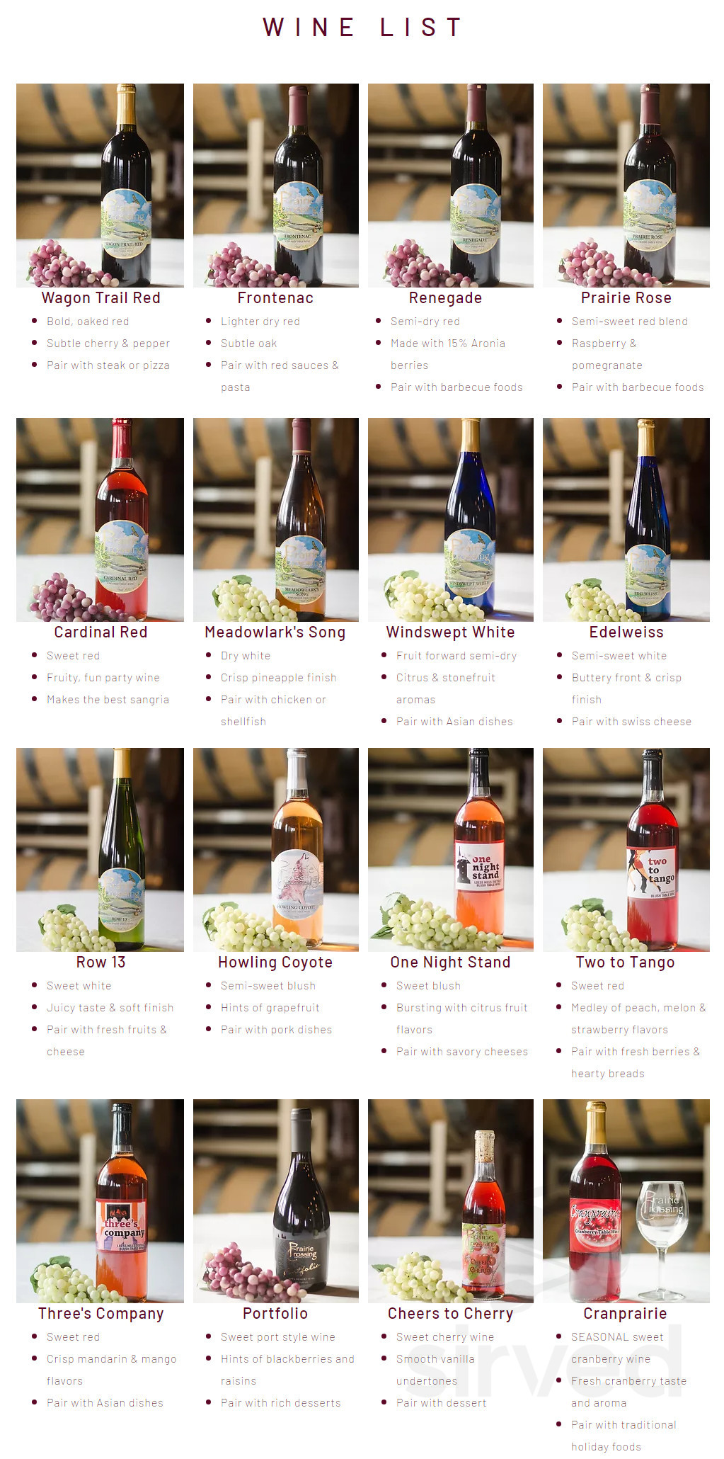 Prairie Crossing Vineyard & Winery menu in Treynor, Iowa, USA