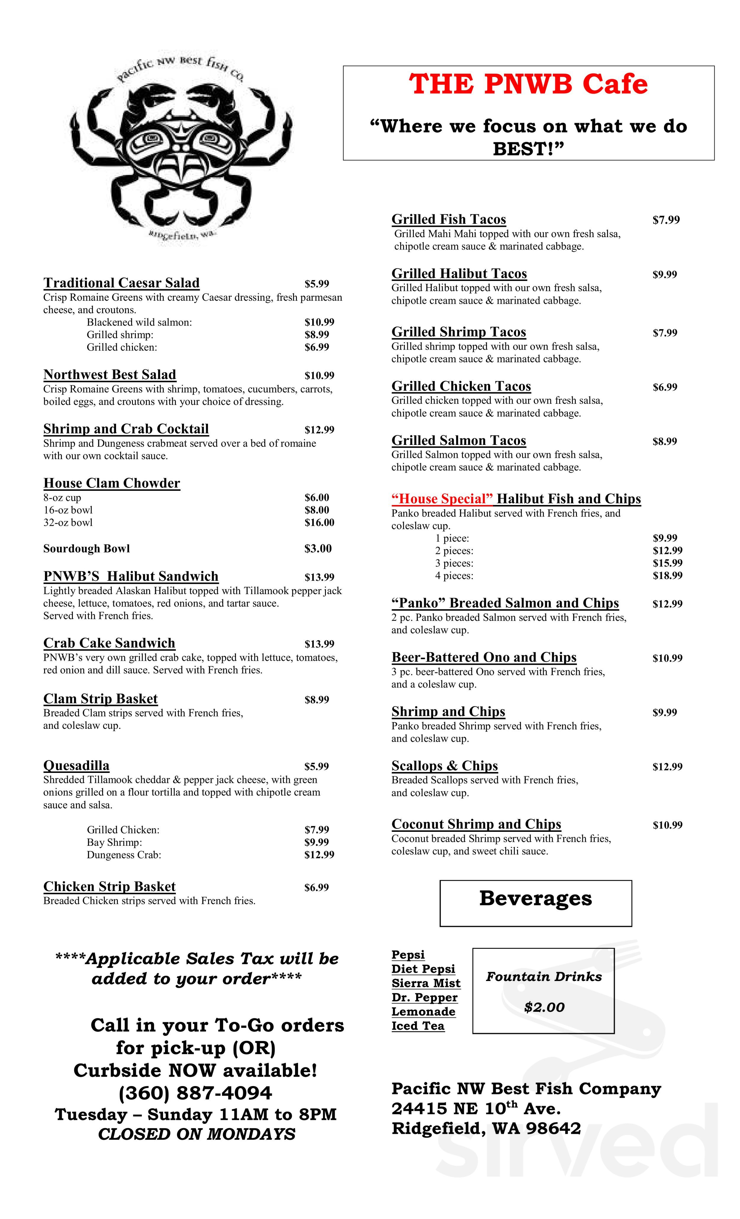 Pacific Northwest Best Fish Co menu in Ridgefield, Washington