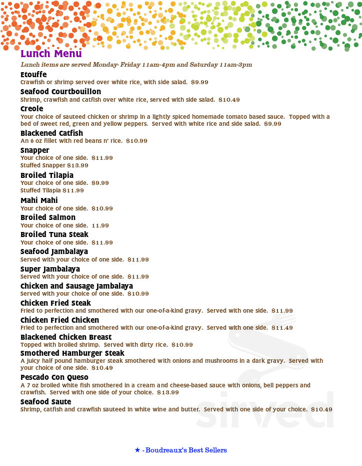 Boudreaux's Louisiana Seafood &amp; Steaks menu in St Joseph, Missouri, USA