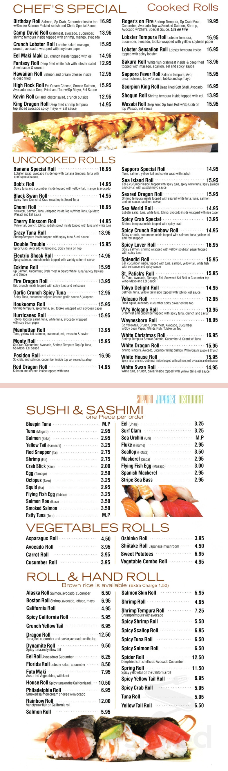 Sapporo Japanese Restaurant menu in Waynesboro, Pennsylvania