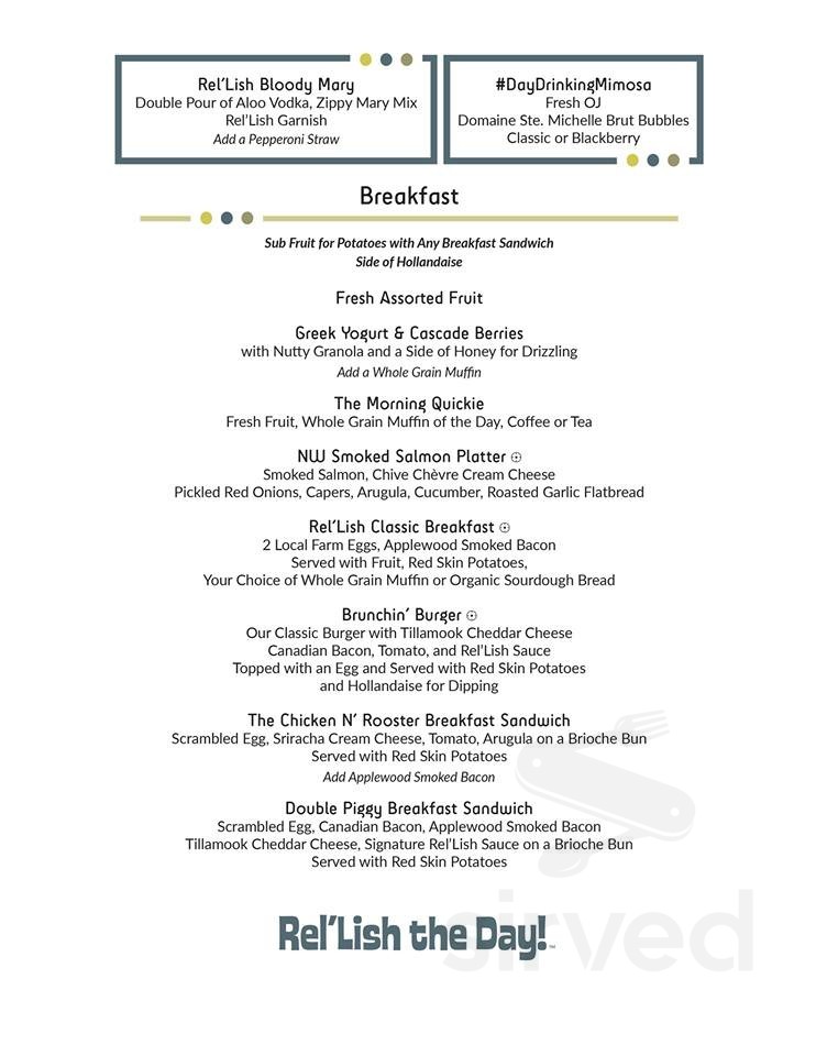 Menu for Rel'Lish Burger Lounge in SeaTac, WA Sirved