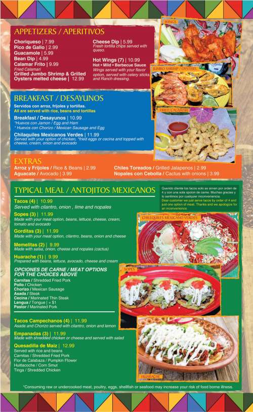 Fajitas Mexican Restaurant menu in Myrtle Beach, South Carolina, USA