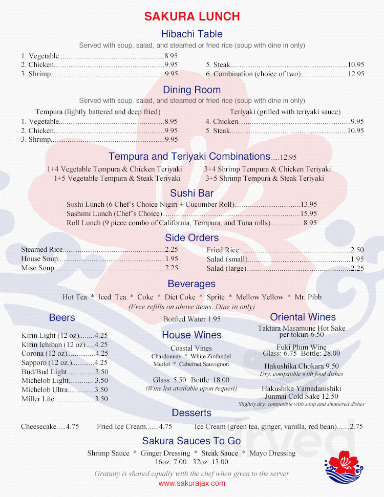 Sakura Japanese Steakhouse menus in Jacksonville, Florida, United States