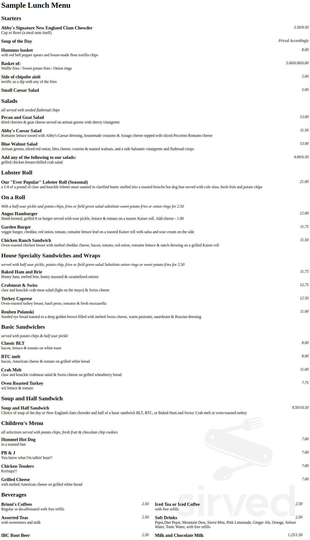 Abby's Place Restaurant lunch menu in Essex, Connecticut