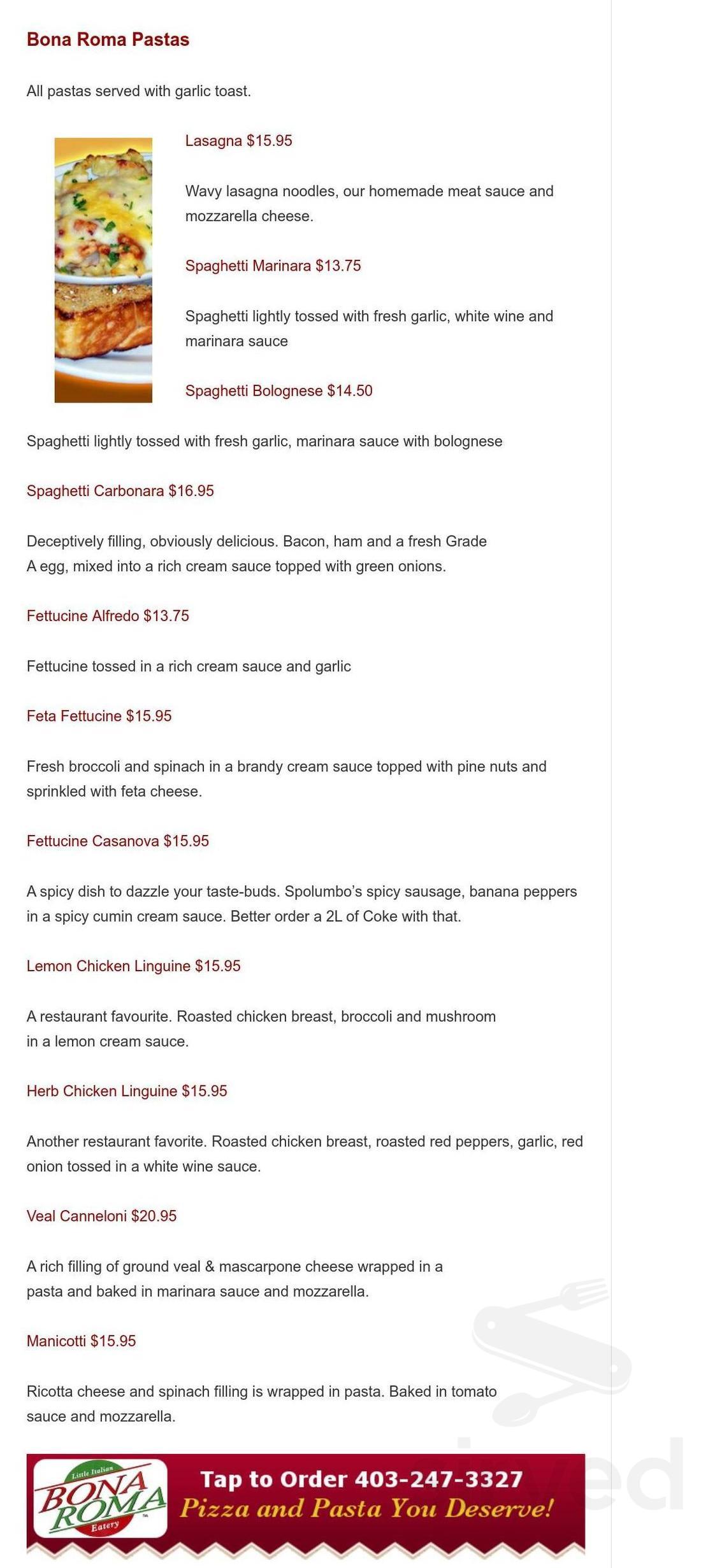 Menu - Calgary AB's Bona Roma Little Italian Eatery | Sirved