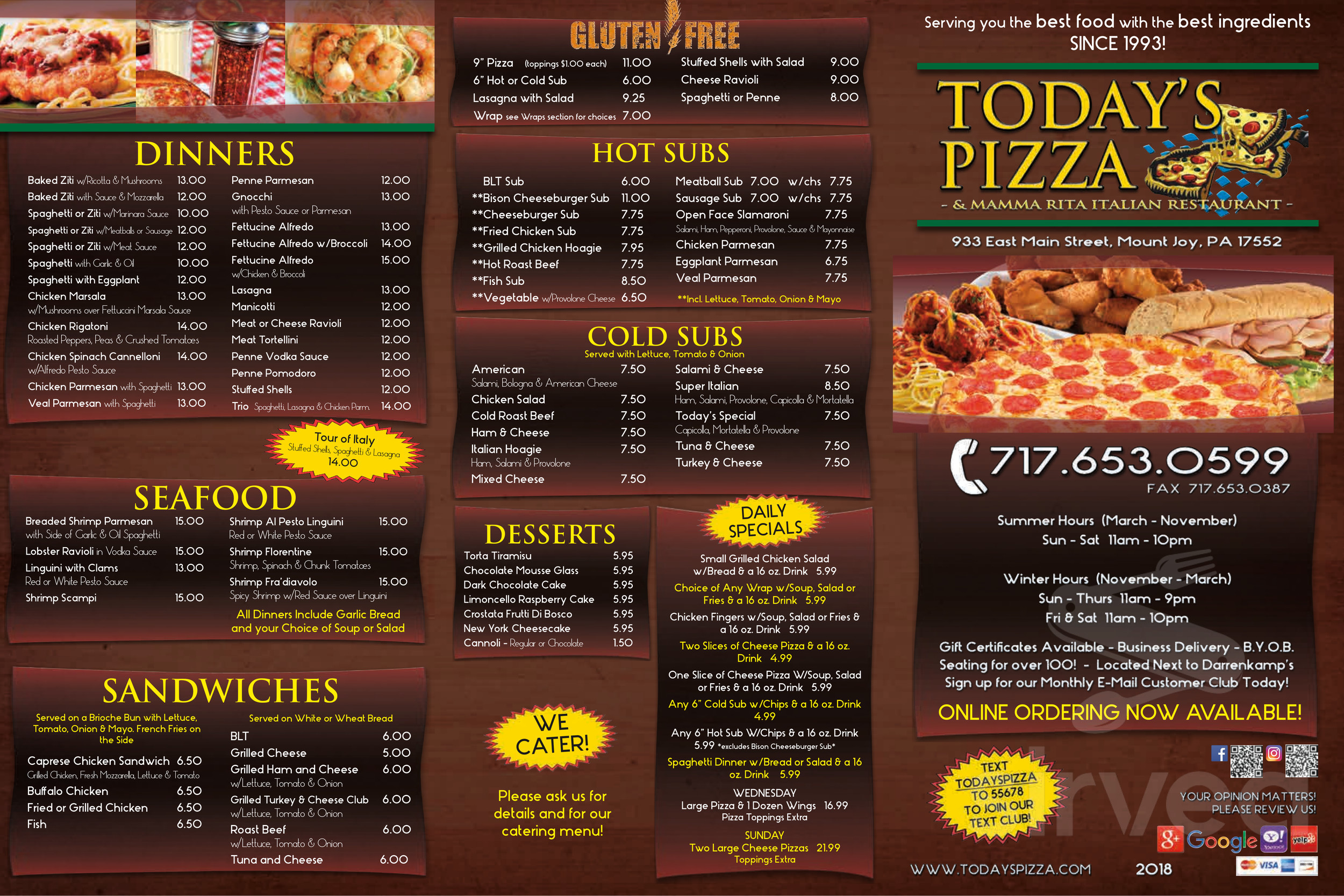 Today's Pizza & Mamma Rita Italian Restaurant menu in Mount Joy