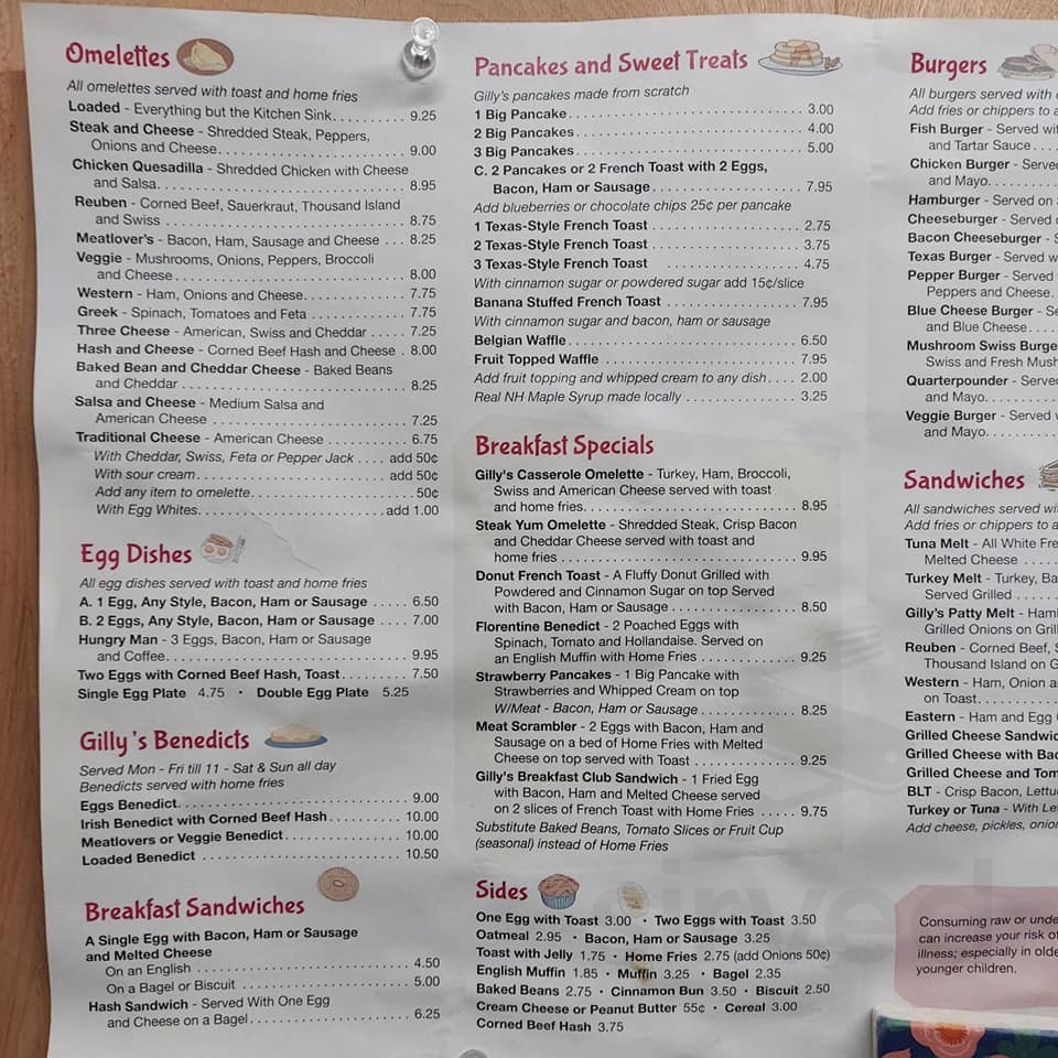 Gilly's Breakfast & Lunch menus in Bristol, New Hampshire, United States