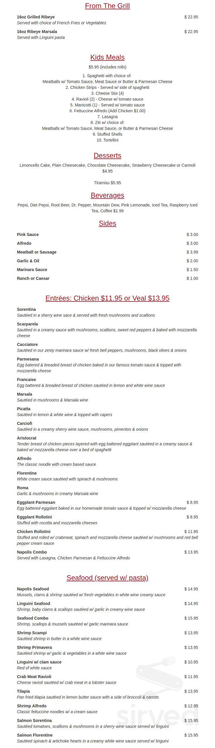 Napolis Italian Restaurant menus in Nacogdoches, Texas, United States