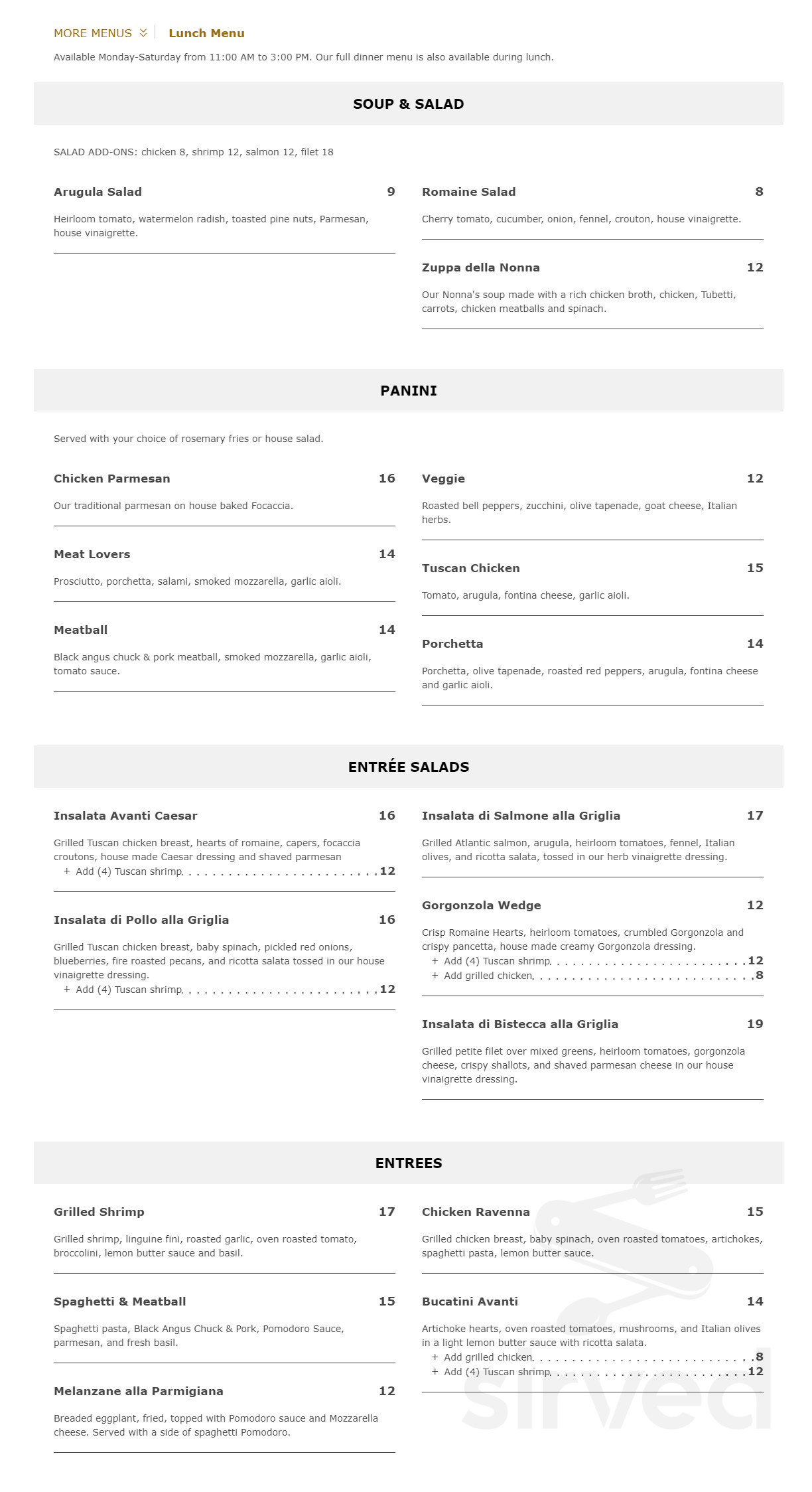 Avanti Italian Kitchen & Wine Bar Research Forest menu in The