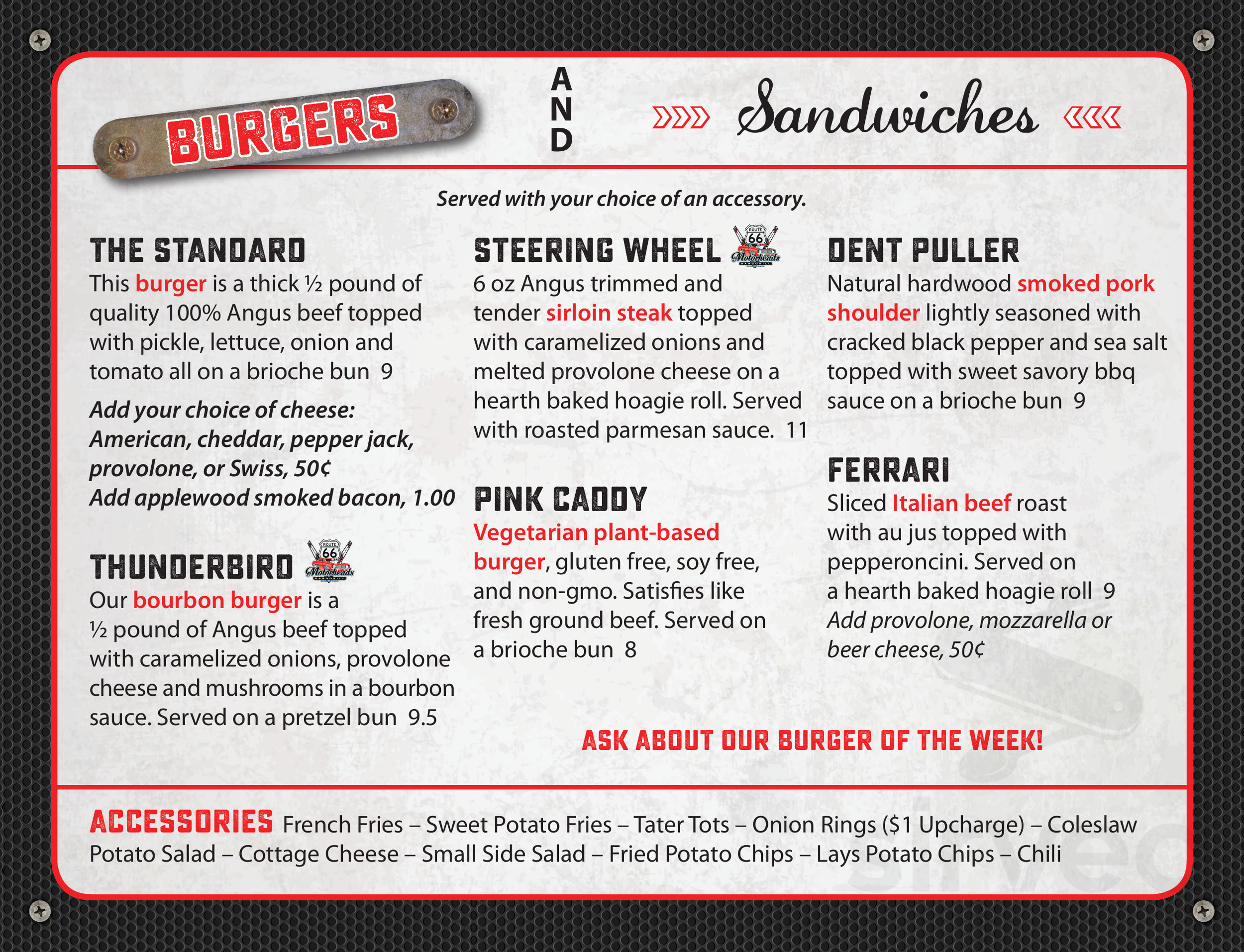 Route 66 Motorheads Bar And Grill Museum And Entertainment Menus In 