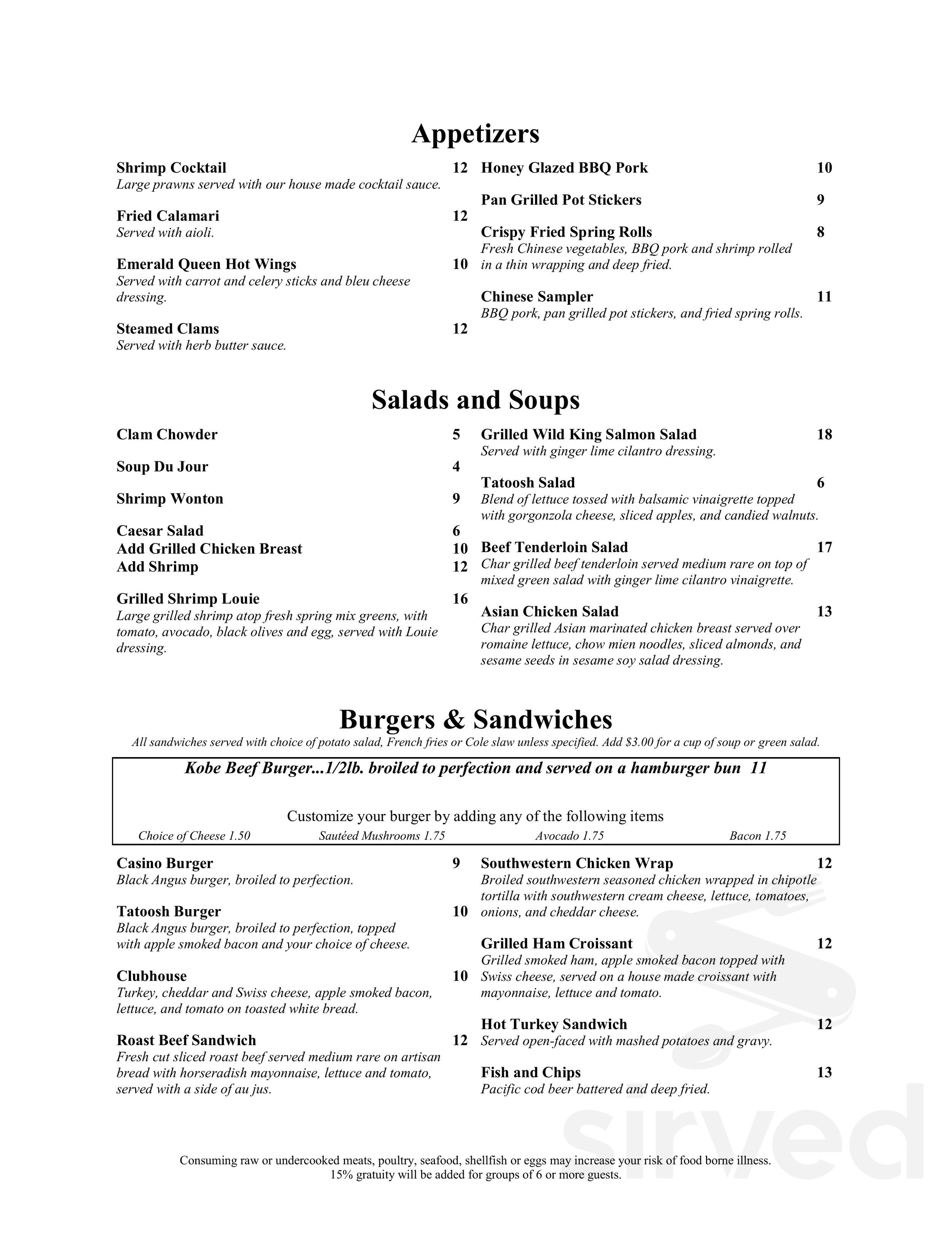 Tatoosh Grill at Emerald Queen Casino menu in Fife, Washington, USA