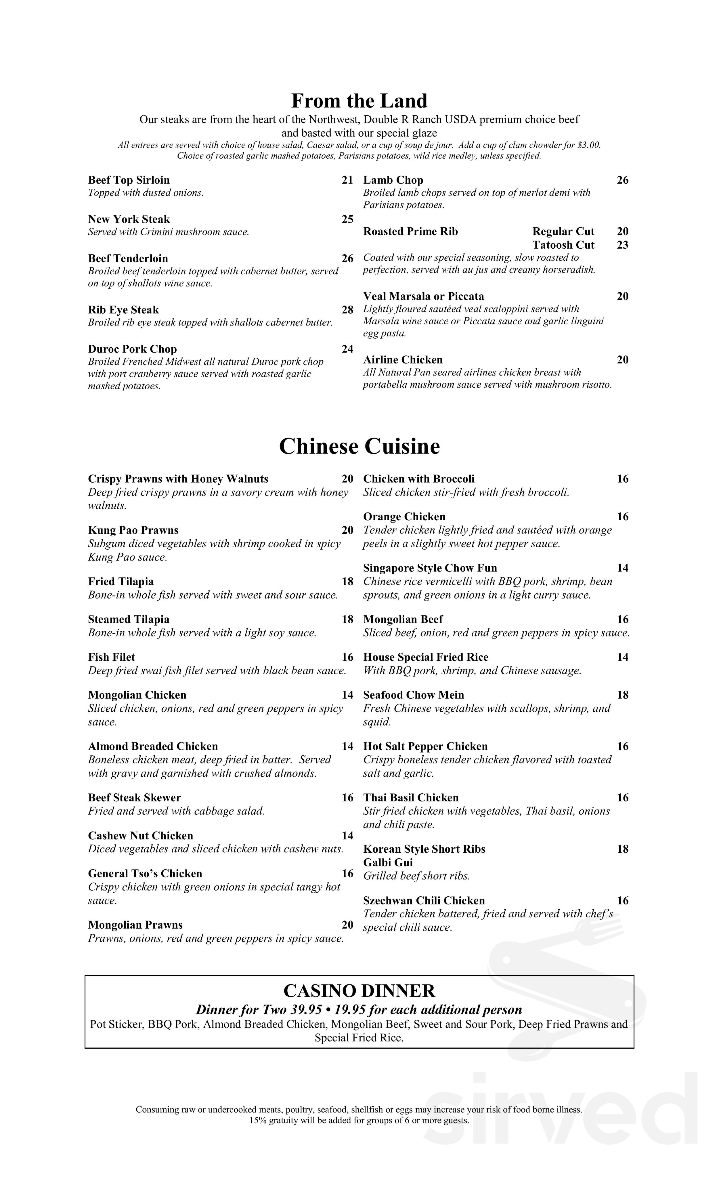 Tatoosh Grill at Emerald Queen Casino menu in Fife, Washington, USA