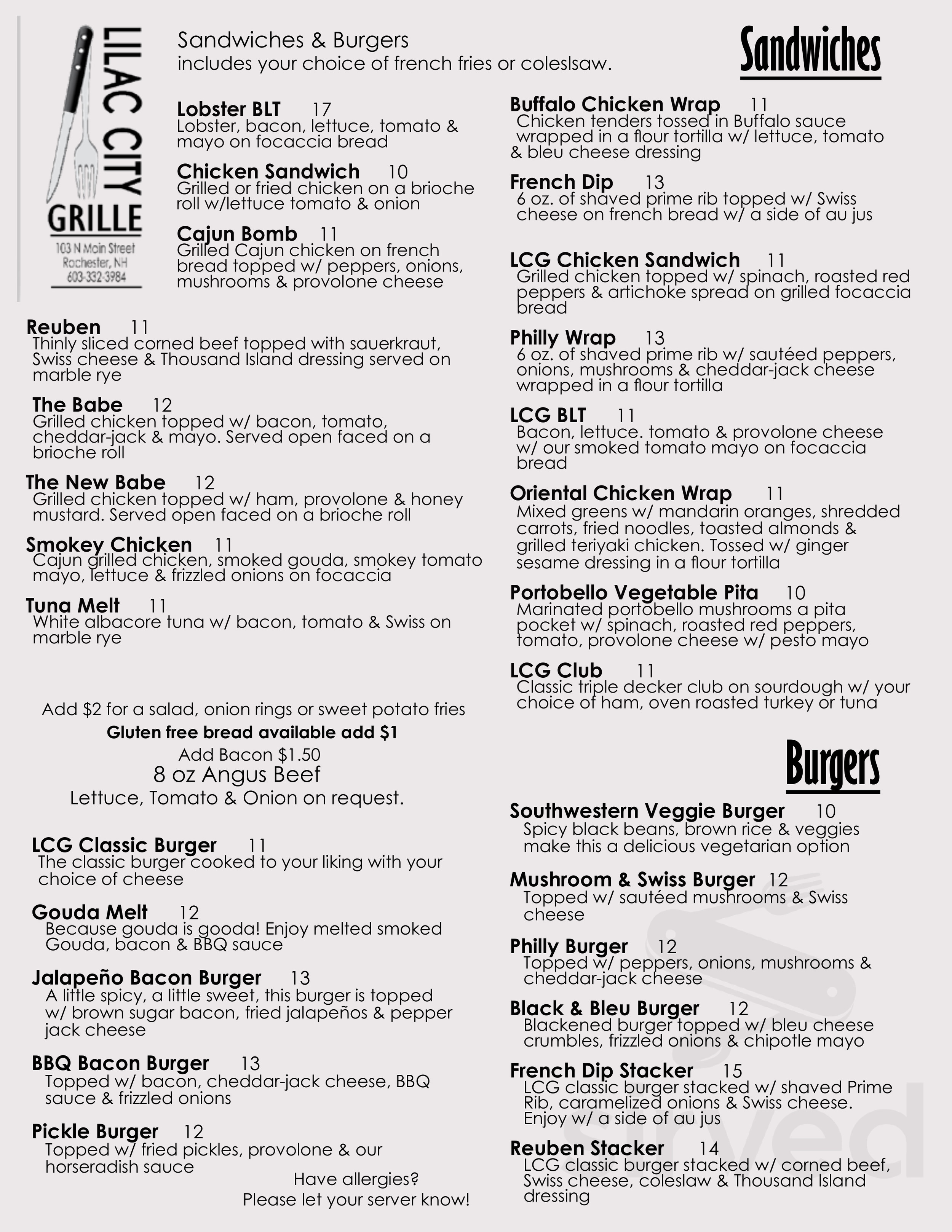 Lilac City Grille menus in Rochester, New Hampshire, United States