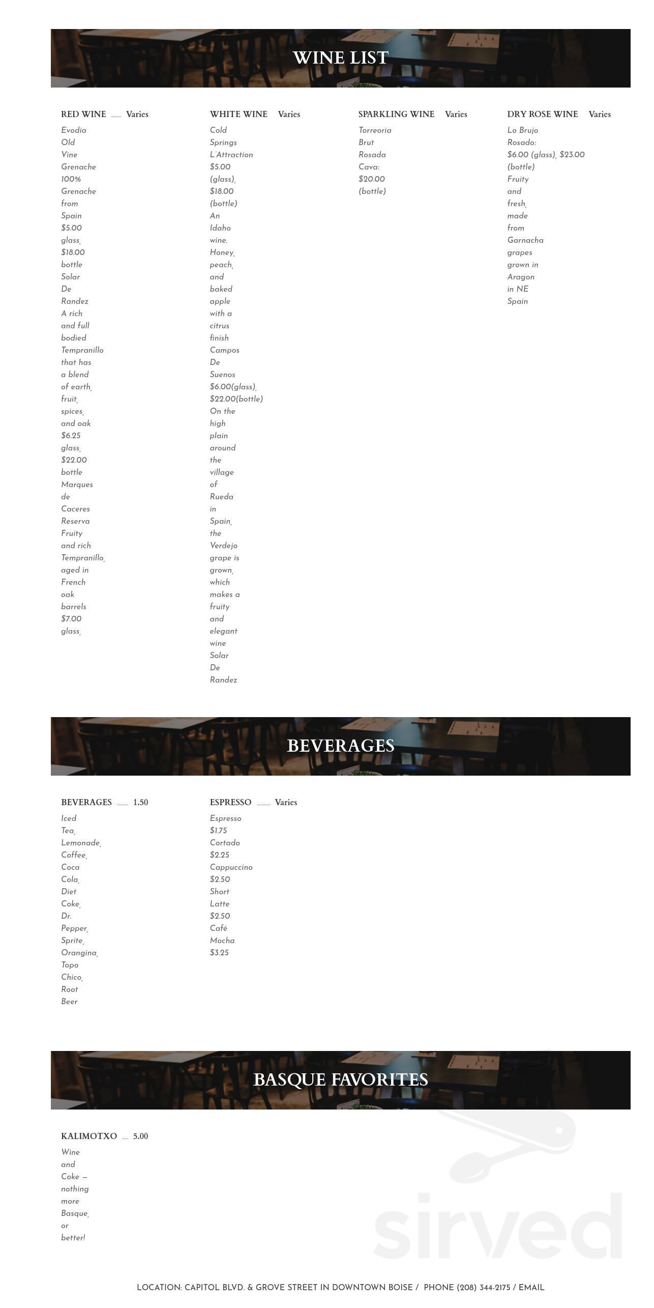 Bar Gernika menu in Boise, Idaho, USA