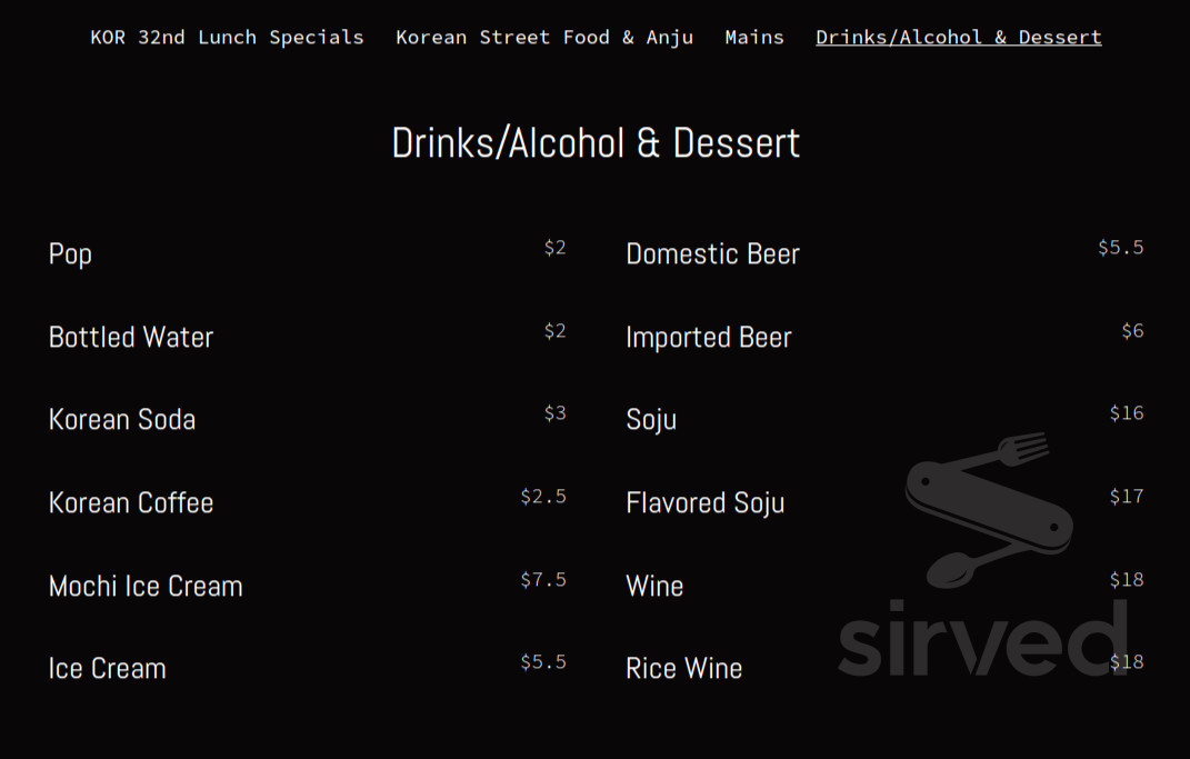 Kor Street Food menu in Calgary, Alberta, Canada