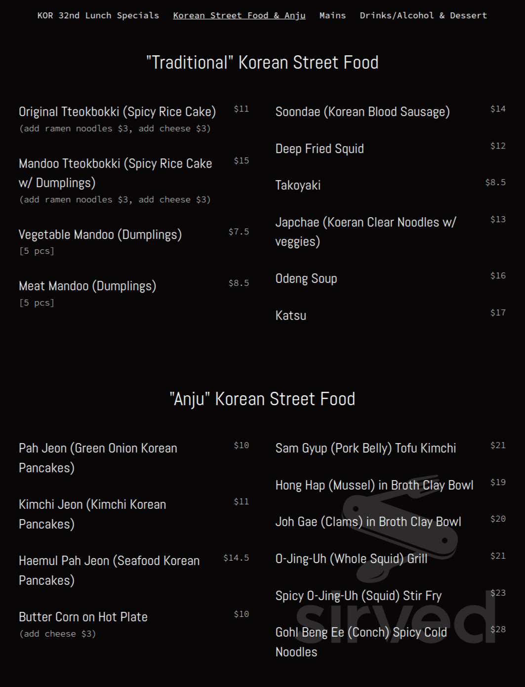 Kor Street Food menu in Calgary, Alberta, Canada