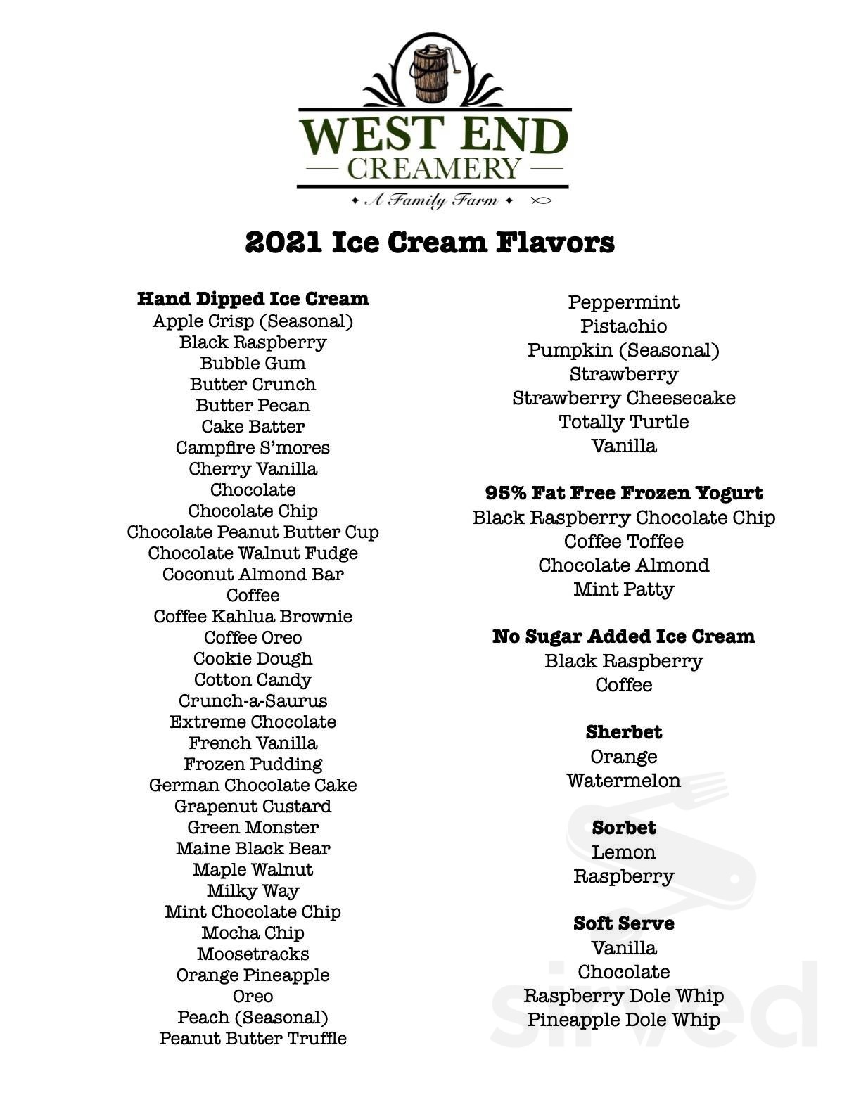 West End Creamery menu in Whitinsville, Massachusetts, USA