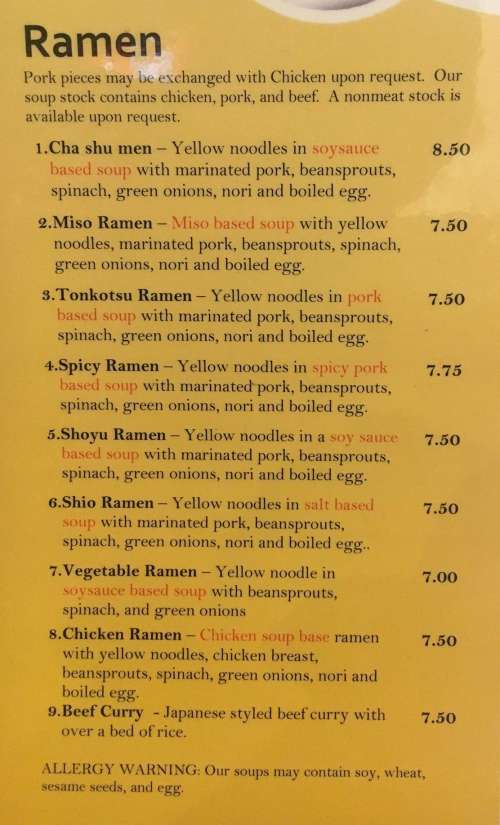 Menkoi Noodle House menu in Greenville, South Carolina, USA