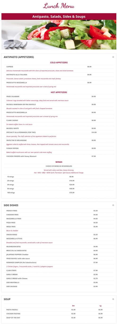 Romanza Italian Restaurant menu in Cherry Hill, New Jersey, USA