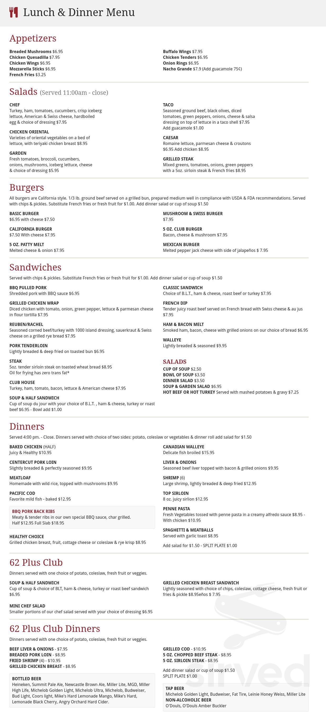 Menu for VFW Post 5555 in Richfield, MN | Sirved