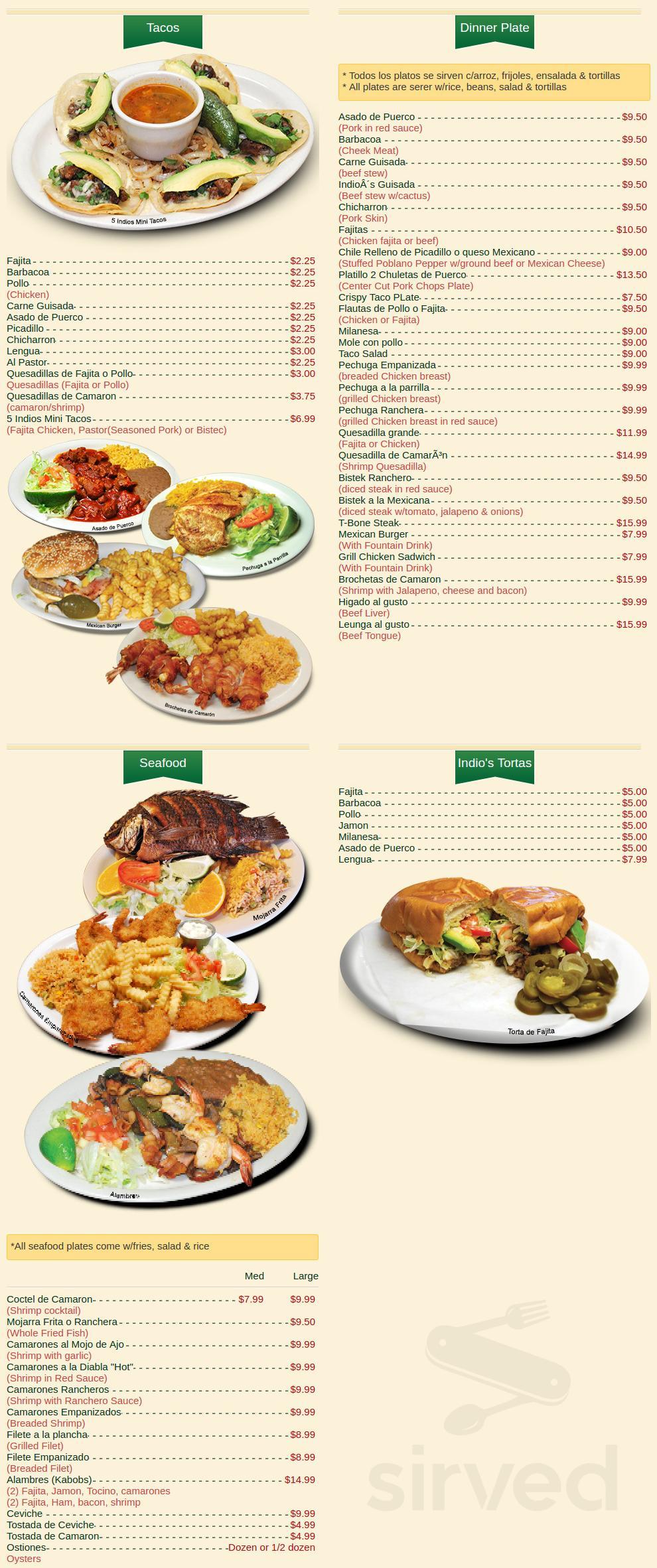 Indios menu in Houston, Texas, USA