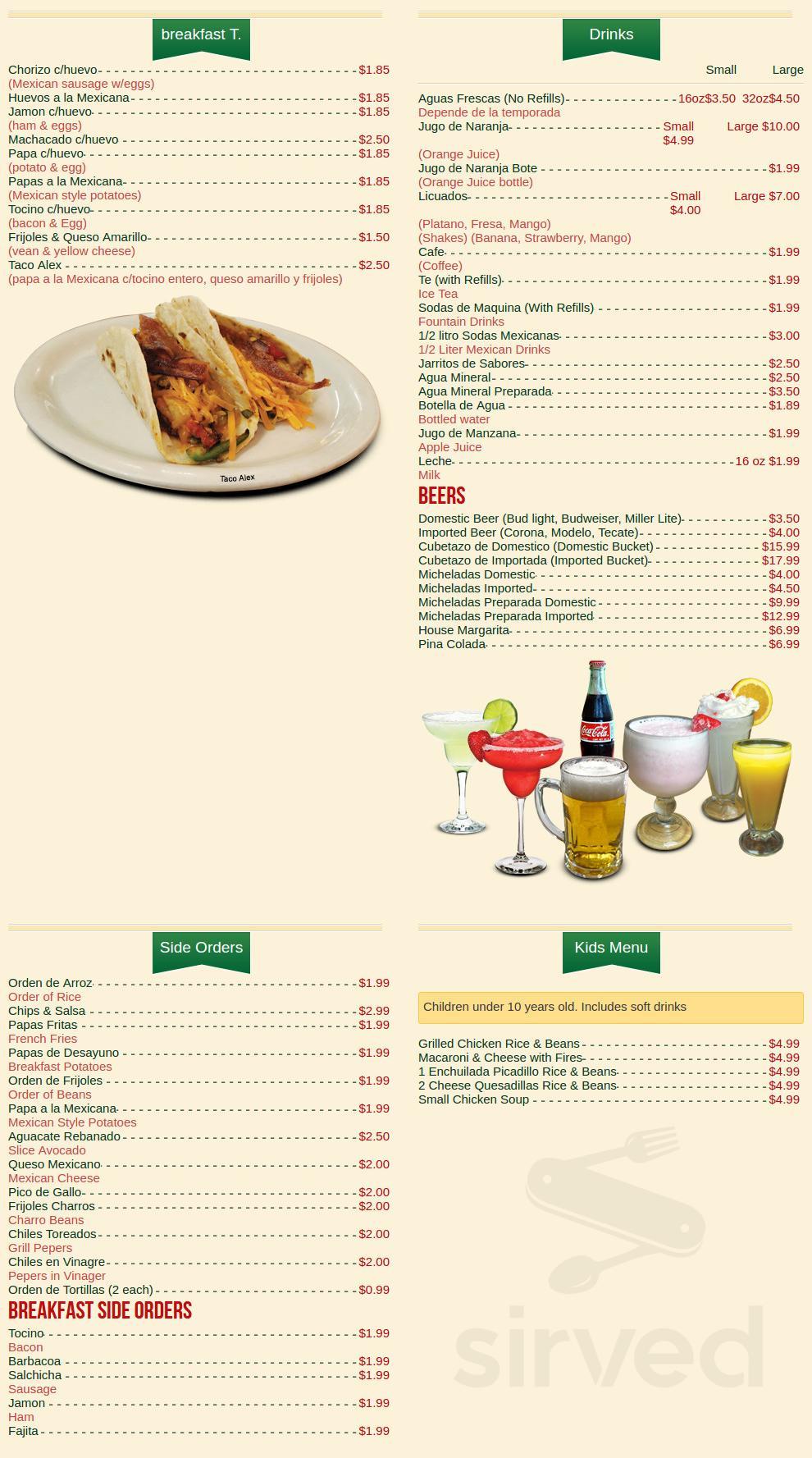 Indios menu in Houston, Texas, USA