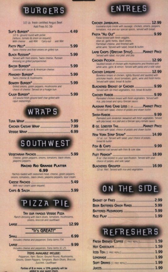 Slip Mahoney's menu in Riverview, Michigan