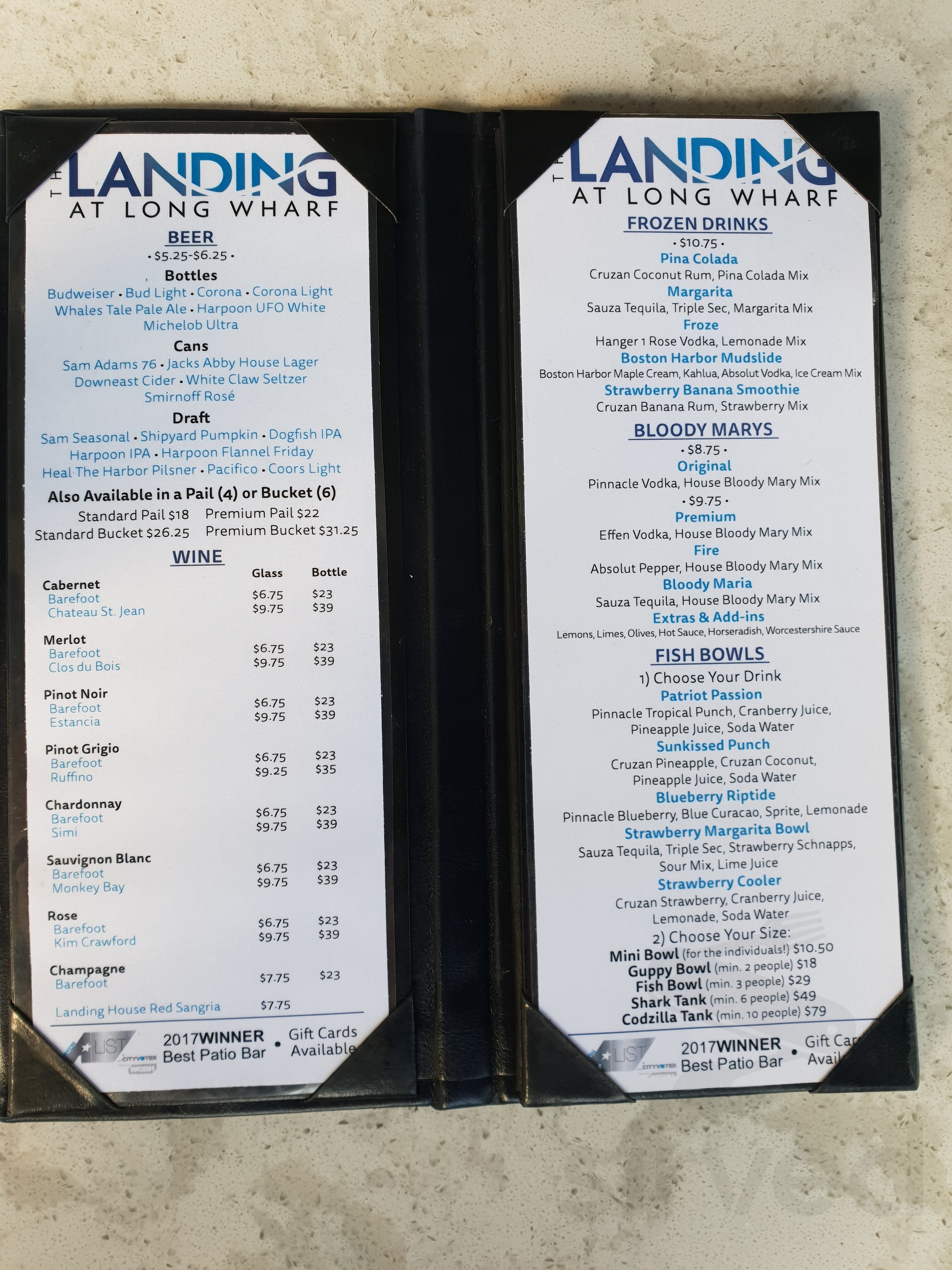 The Landing at Long Wharf menu in Boston, Massachusetts, USA