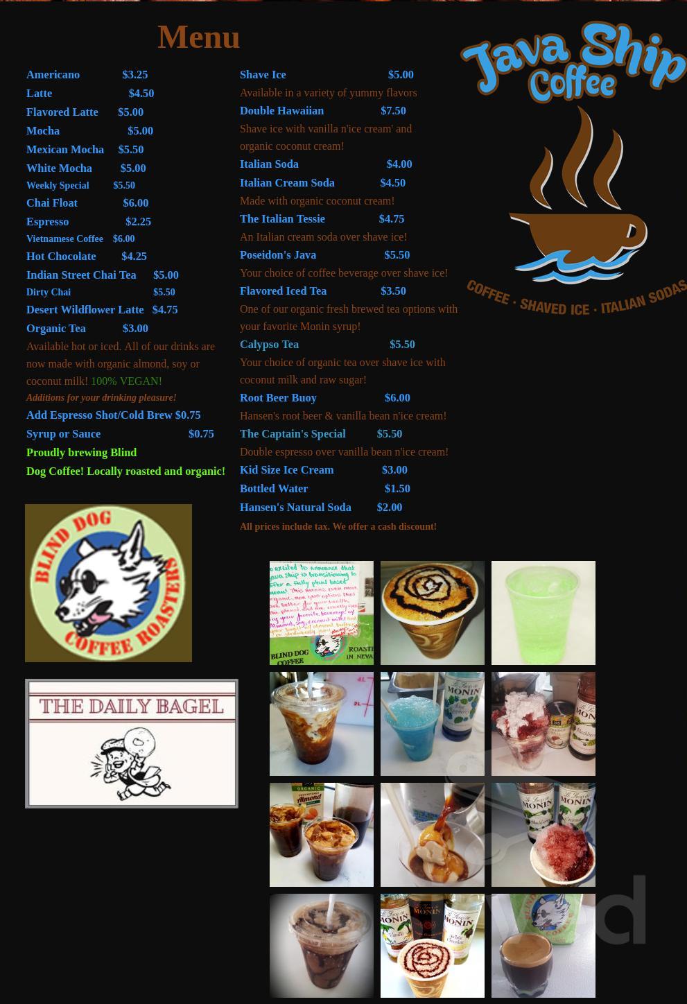 Java Ship Coffee menu in Reno, Nevada
