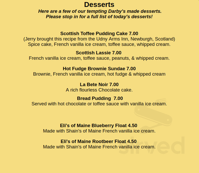 Darby's menu in Belfast, Maine, USA