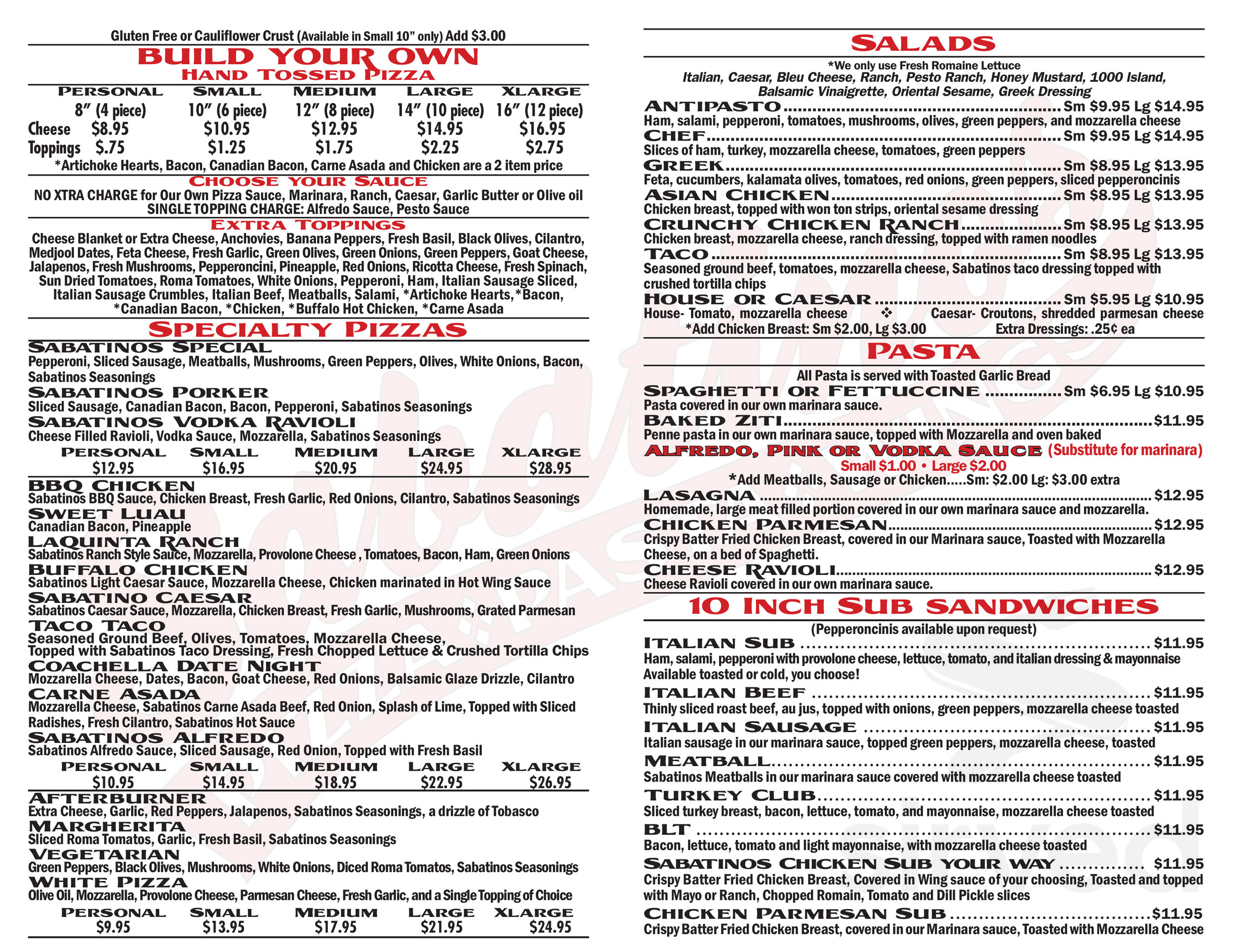 Sabatinos Pizza Pasta and Wings menu in La Quinta, California, USA