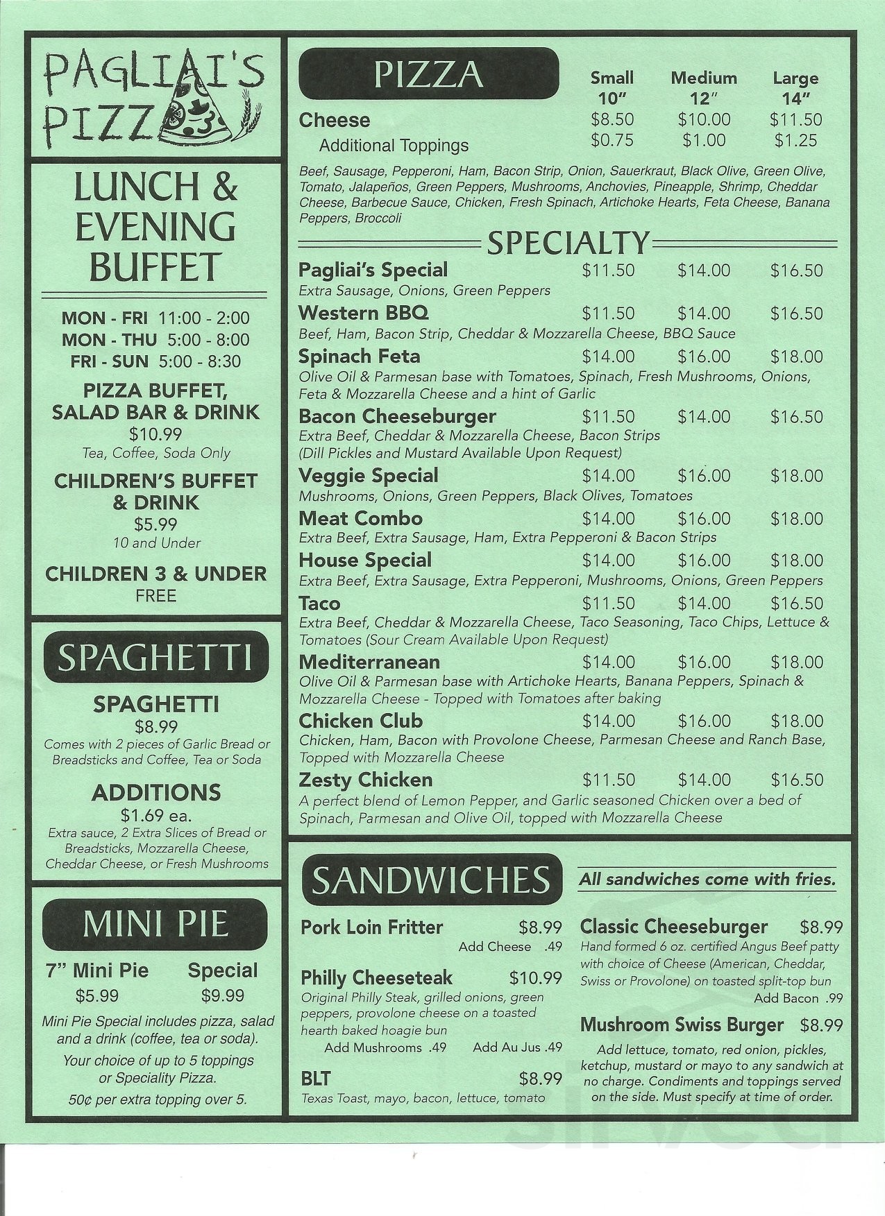 Pagliais Pizza menu in Maryville, Missouri, USA