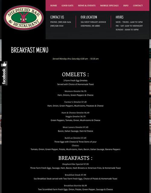 Shepherd Bar & Restaurant menu in Shepherd, Michigan, USA