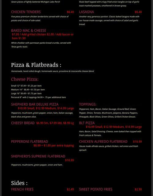 Shepherd Bar & Restaurant menu in Shepherd, Michigan, USA