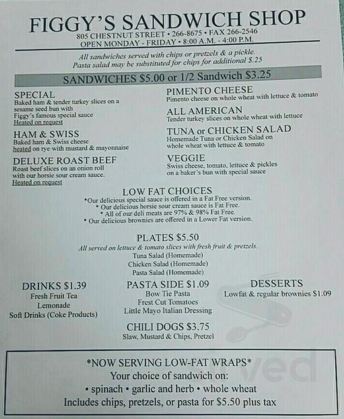 Menu for Figgy's Sandwich Shop in Chattanooga, TN Sirved