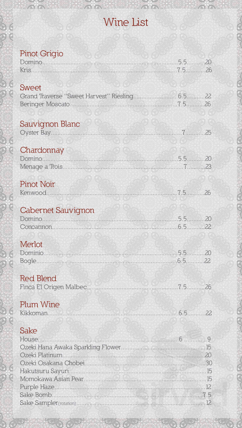 Bluefin Japanese Steakhouse & Sushi drink menu in Howell, Michigan