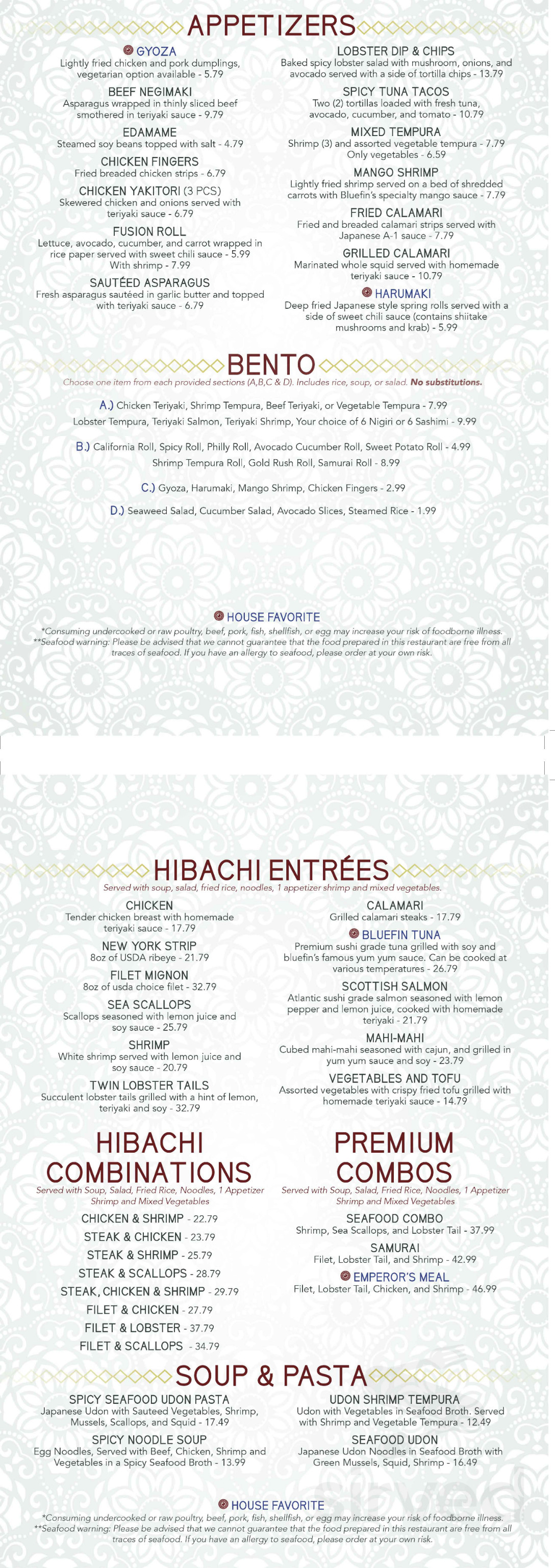 Bluefin Japanese Steakhouse & Sushi menu in Howell, Michigan
