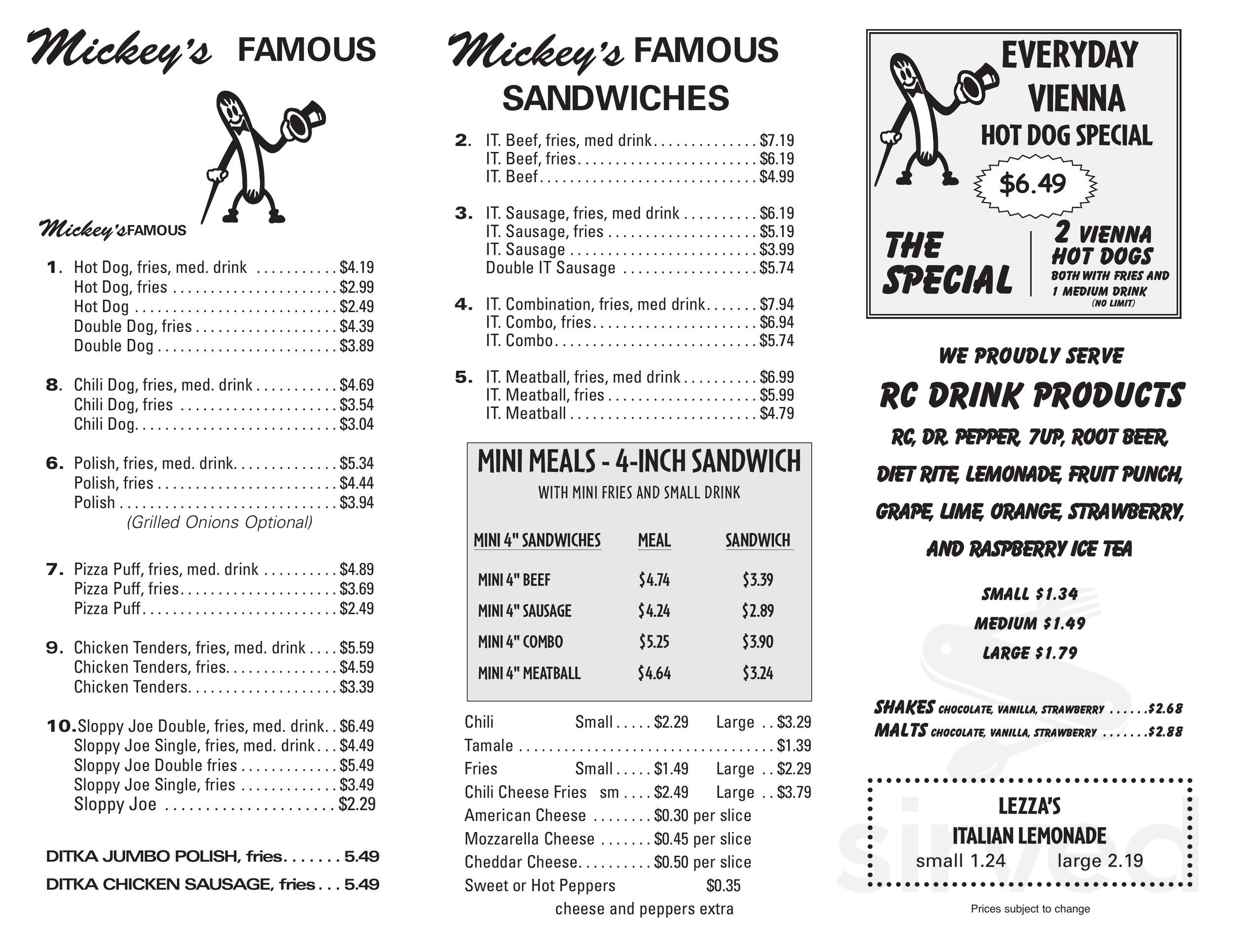 Mickey's DriveIn menu in Bellwood, Illinois, USA