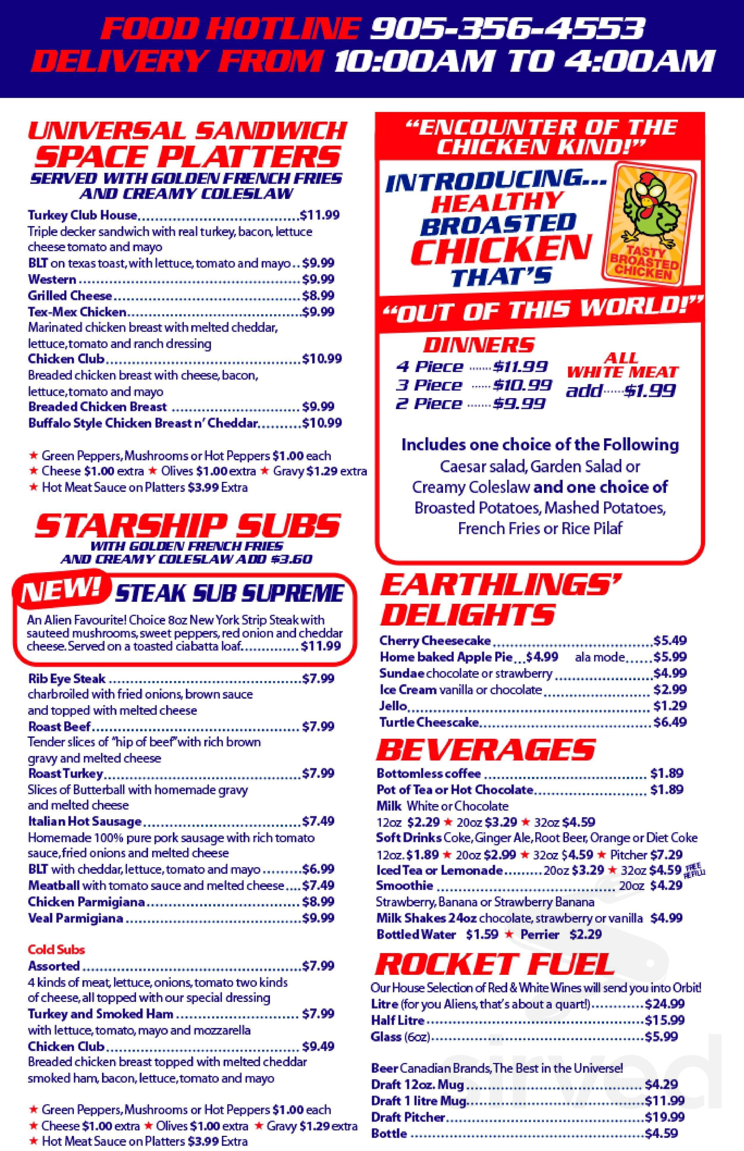 Flying Saucer Restaurant Menu In Niagara Falls Ontario Canada